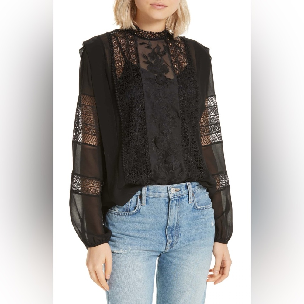 JOIE | Concesa Lace & Sheer Silk Blouse in Black (Caviar)